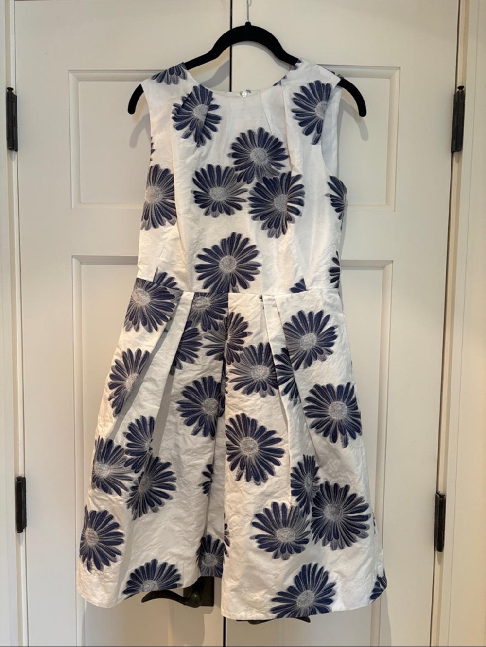 White Floral Fit-and-Flare Dress with Navy Daisy Print